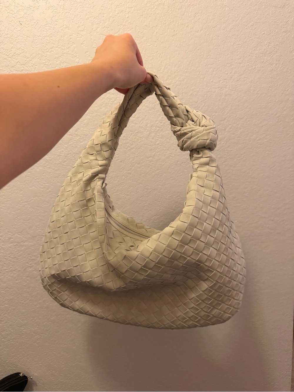 Woven Knot-Handle Shoulder Bag in Cream